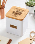 Personalised white steel coffee storage tin engraved as a teacher gift on the bamboo lid
