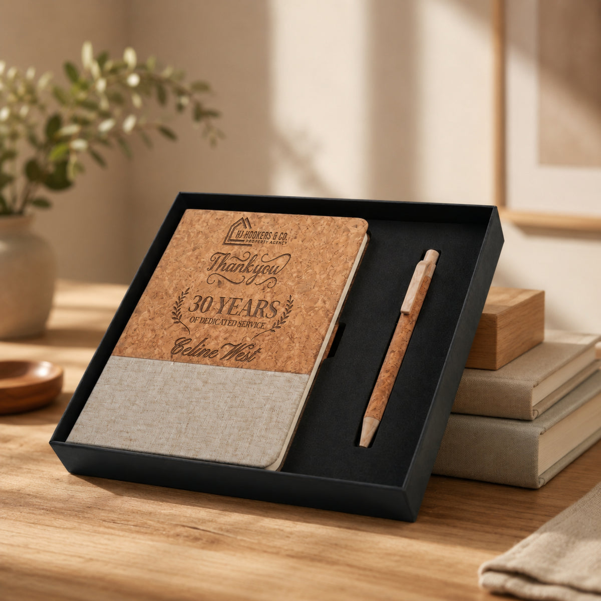 Personalised engraved cork and fabric A5 notebook with eco pen presented in a black gift box