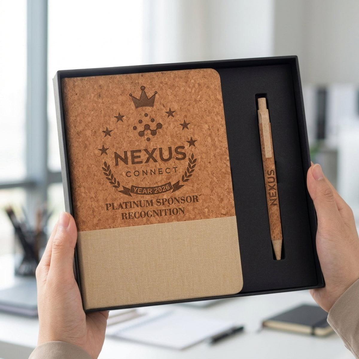 Personalised engraved cork and fabric A5 notebook with eco pen in gift box set – corporate gift