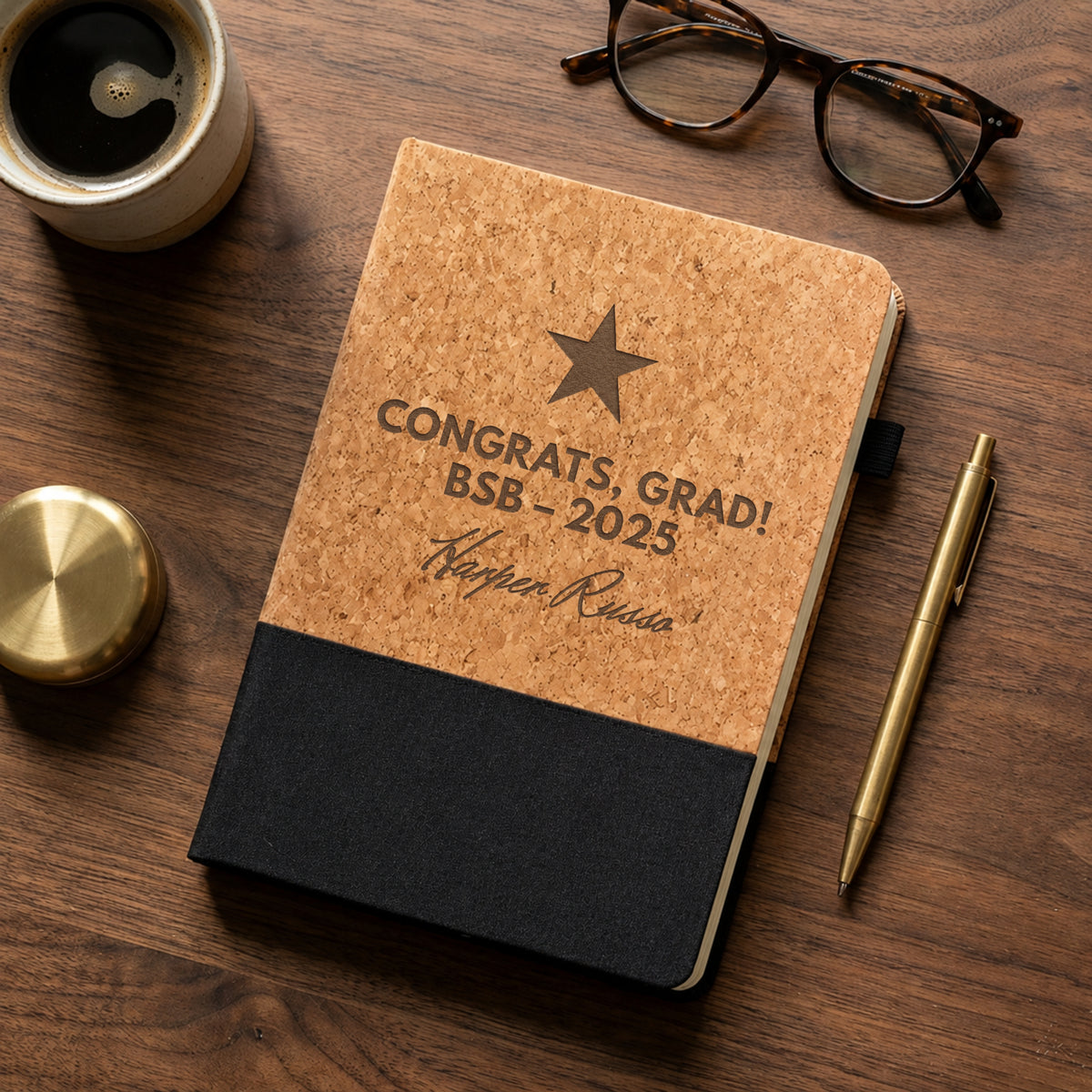Personalised engraved cork A5 notebook with black fabric panel – custom graduation gift