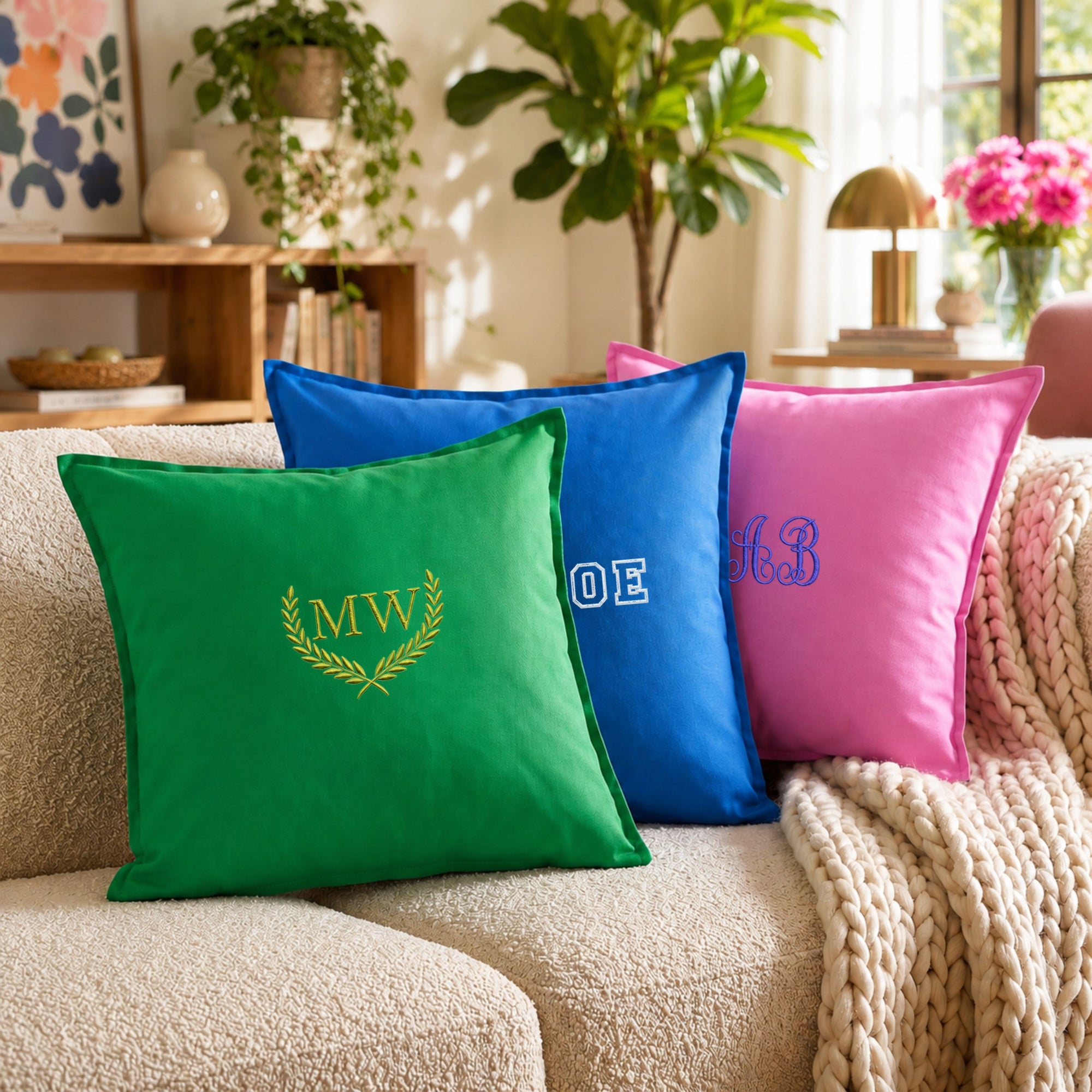 Personalised embroidered cotton cushion cover colour options beige white grey black pink
