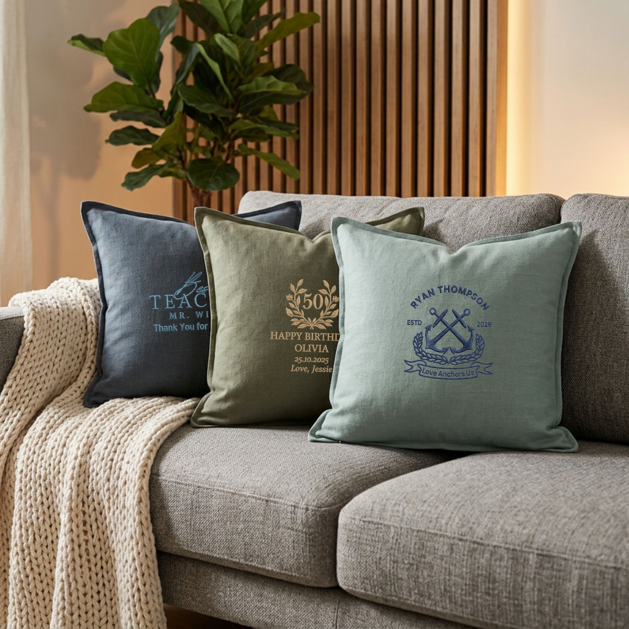 Personalised embroidered cushion cover colour options white baby pink terracotta aqua blue green