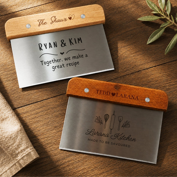 Custom Engraved Stainless Steel Dough Scraper with Wooden Handle