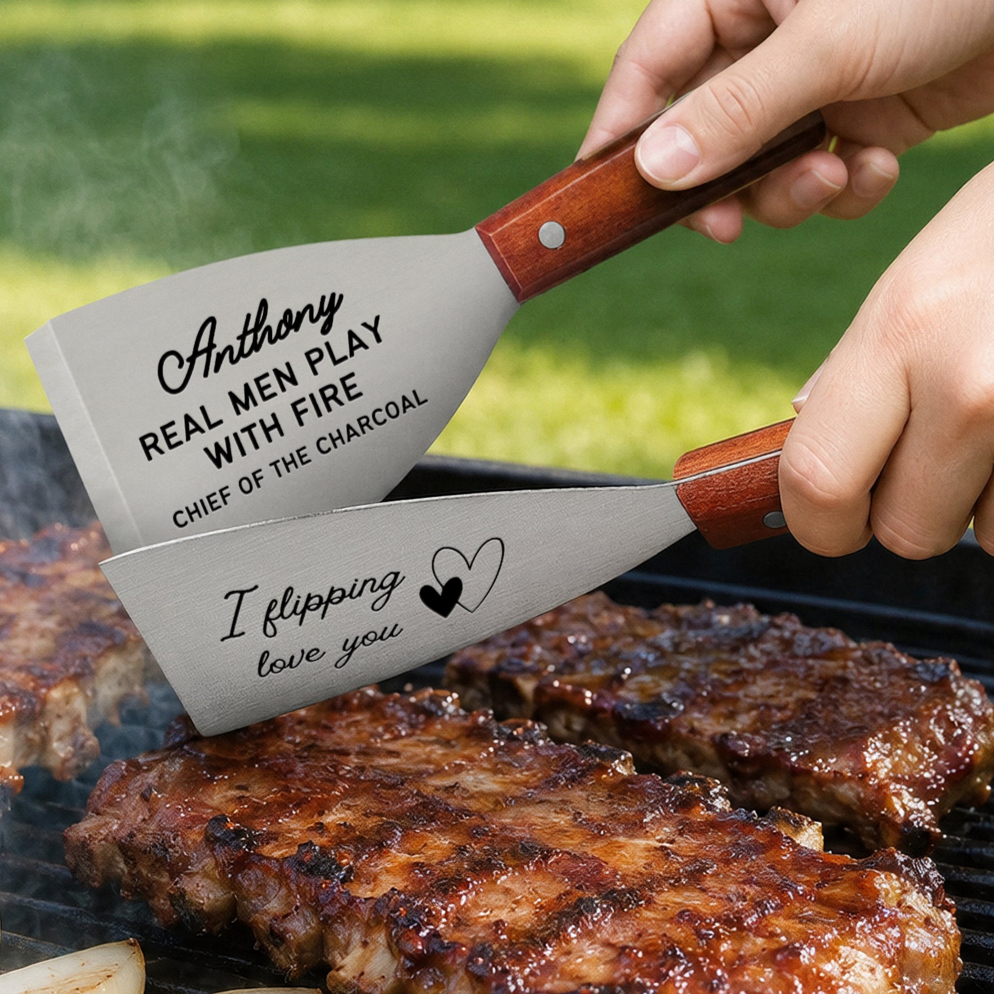 Personalised engraved stainless steel BBQ grill scraper with wooden handle
