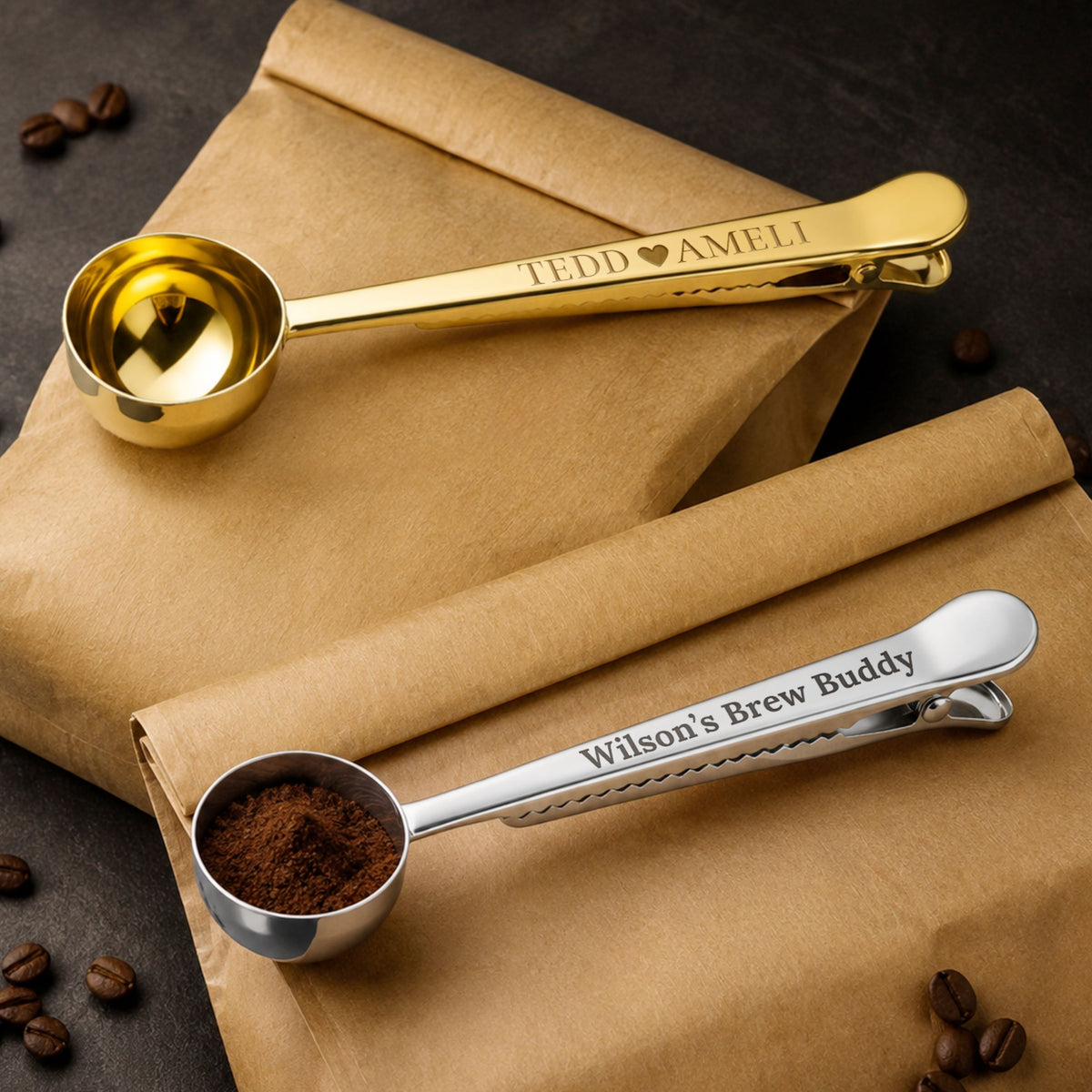Personalised engraved coffee scoop with bag clip in gold and silver