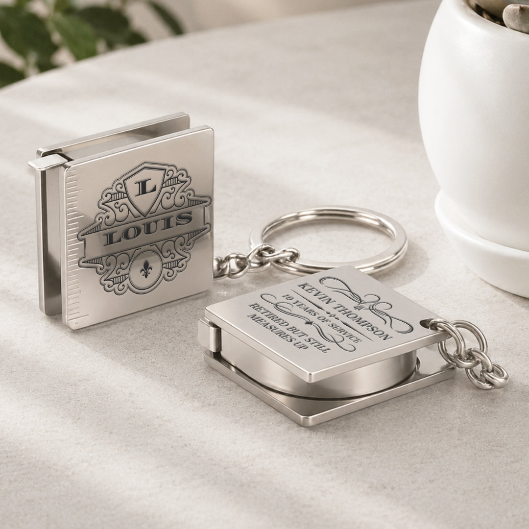 Personalised engraved metal retractable measuring tape keychain