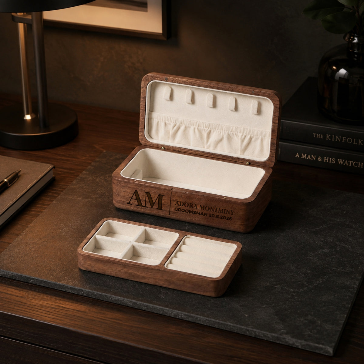 Personalised engraved walnut double-layer jewellery box with monogram on the lid