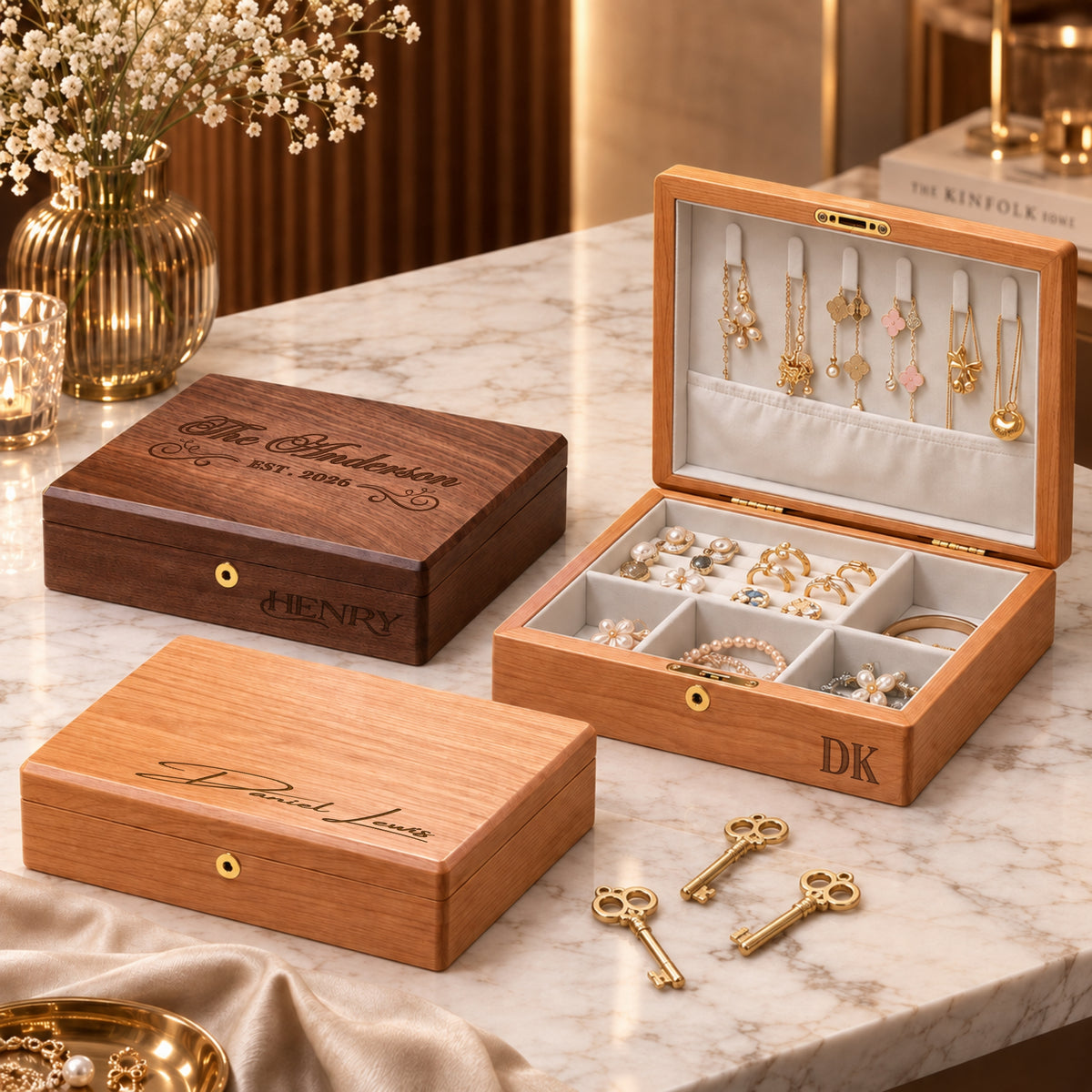 Personalised engraved wooden jewellery boxes with lock and key in walnut and cherry