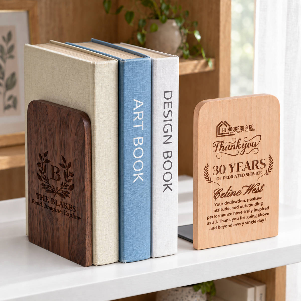 Personalised engraved wooden and metal bookend in walnut