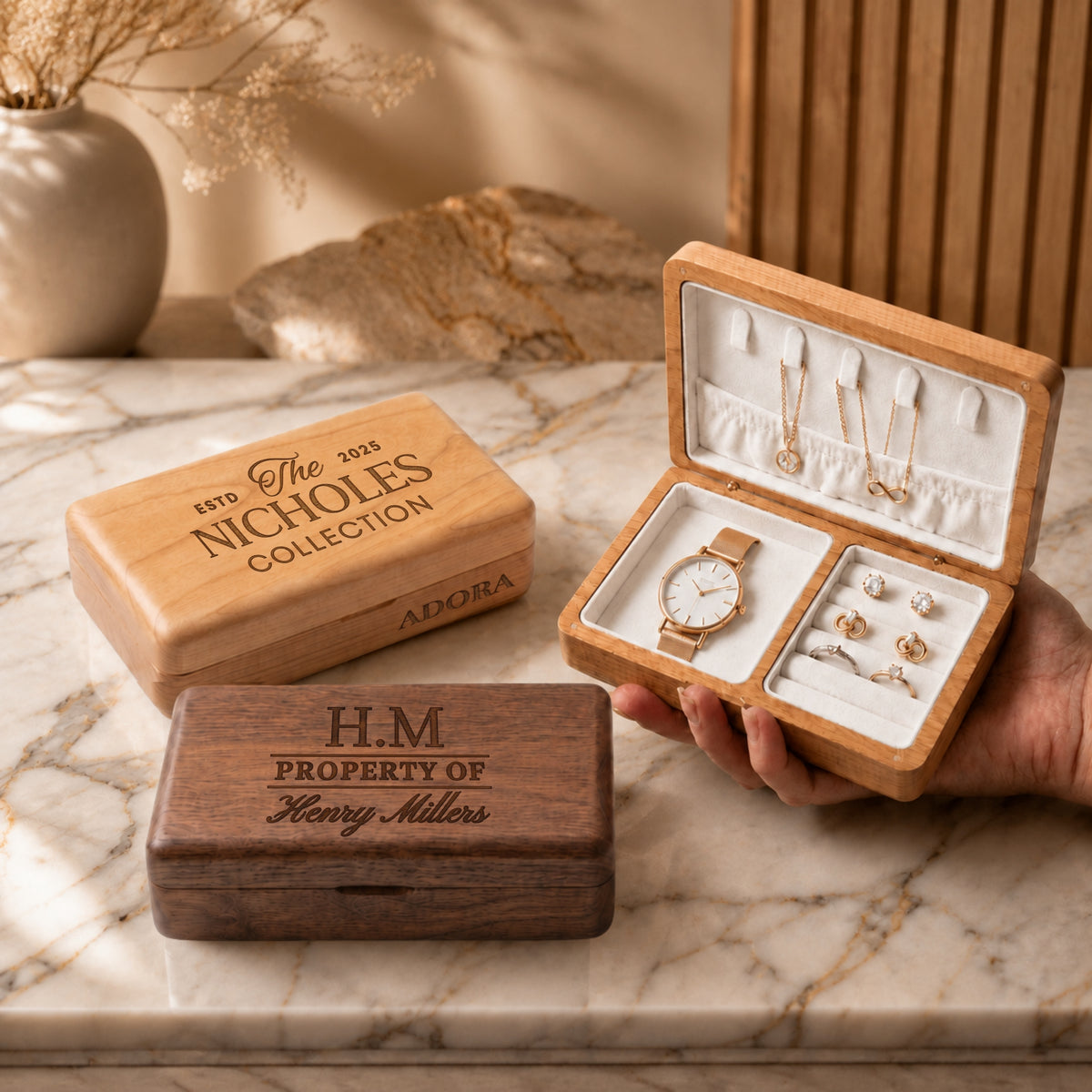 Personalised engraved wooden travel jewellery boxes in walnut and cherry with magnetic lids