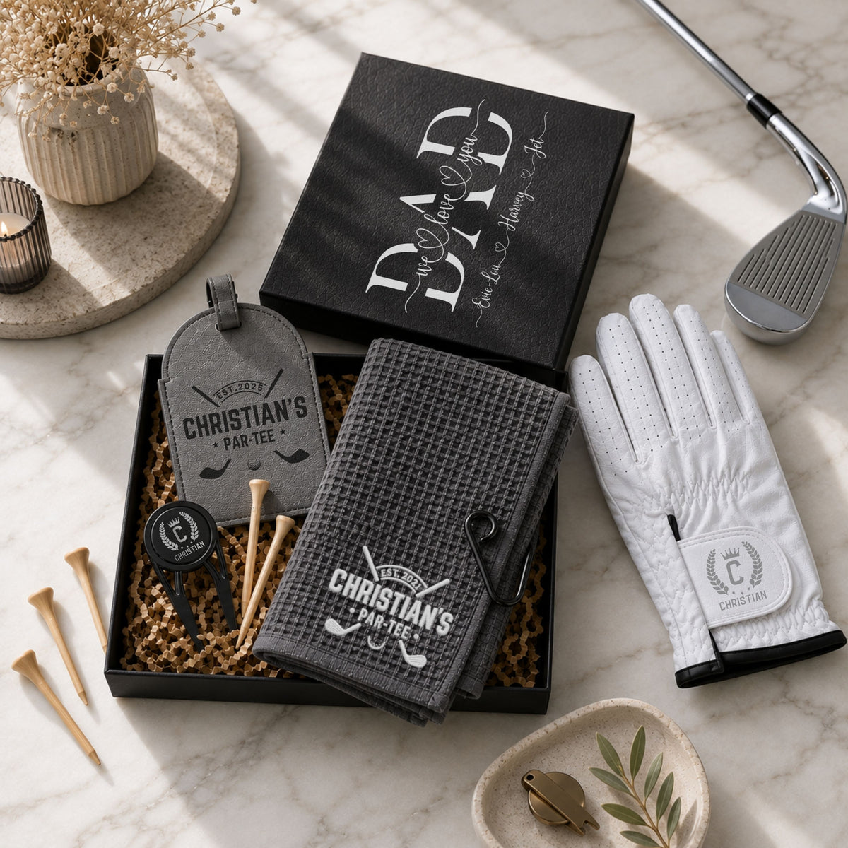 Personalised golf gift set with embroidered towel, tee holder and divot tool