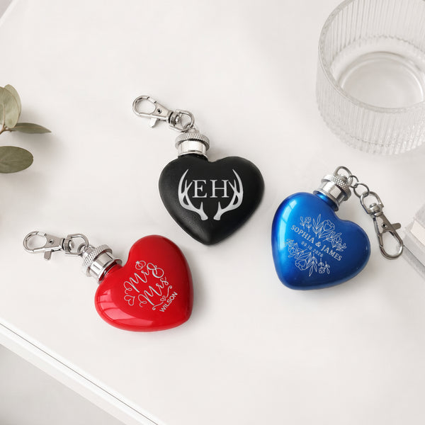 Custom Engraved 1oz Heart Mini Hip Flask Keyring