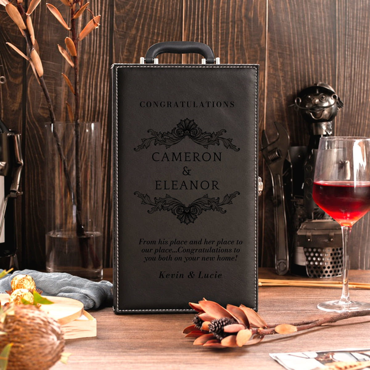 Personalised UV printed premium leather twin wine box gift set with 4 accessories
