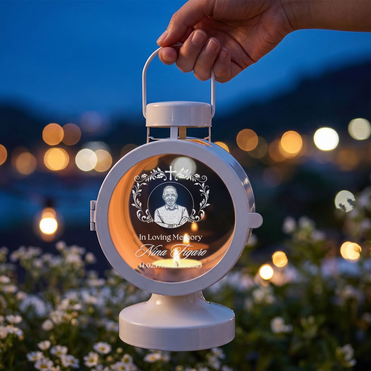 Personalised engraved memorial glass lantern lit with tealight – in loving memory sympathy gift