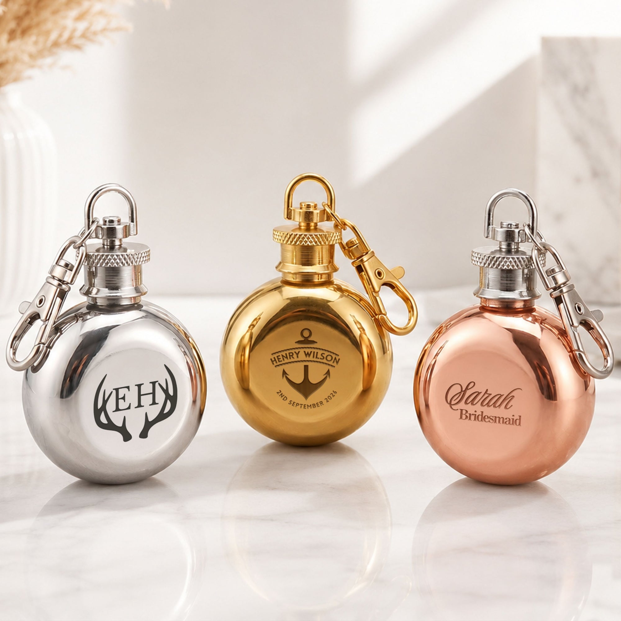Personalised mini round hip flask keyring laser engraved silver gold rose gold bridesmaid groomsman gift