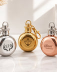 Personalised mini round hip flask keyring laser engraved silver gold rose gold bridesmaid groomsman gift