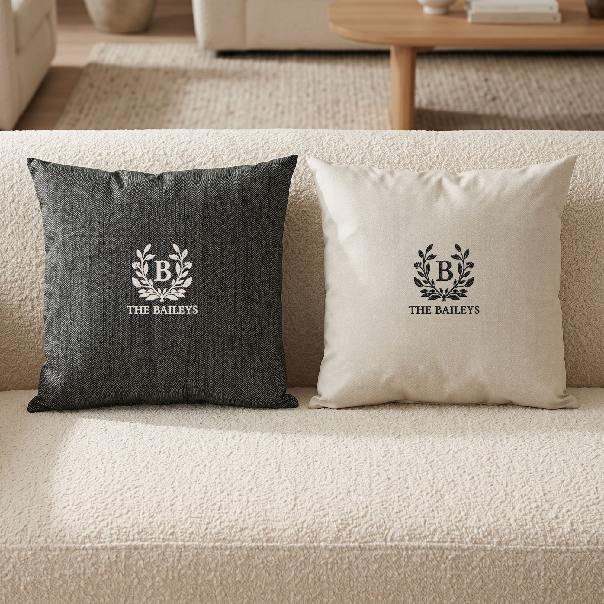 Personalised embroidered patterned cushion cover colour options light beige yellow sky blue dark grey