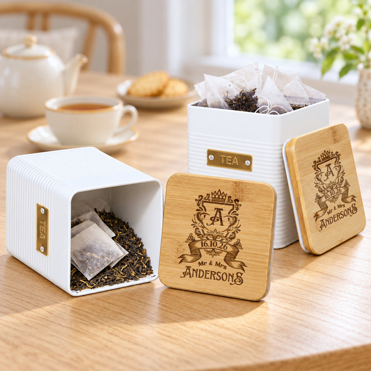 Personalised white steel tea canisters with monogram designs engraved on the bamboo lids