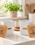 Personalised white steel tea and coffee storage canisters with engraved bamboo lids