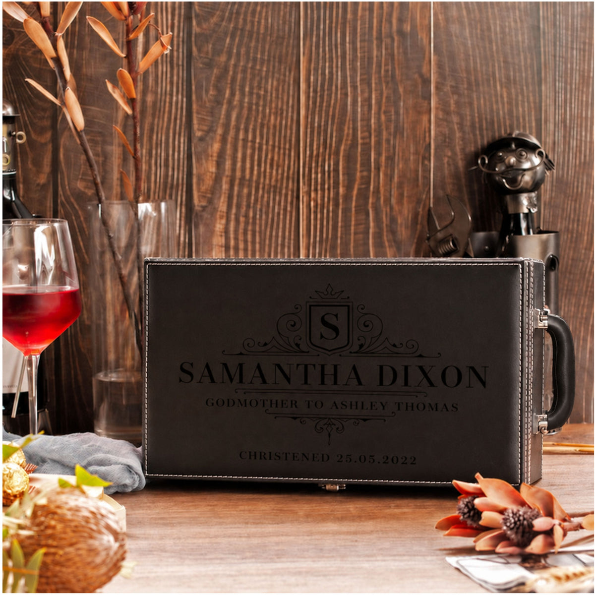 Personalised twin wine gift box open, showing the leather case and accessories