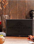 Personalised twin wine gift box open, showing the leather case and accessories