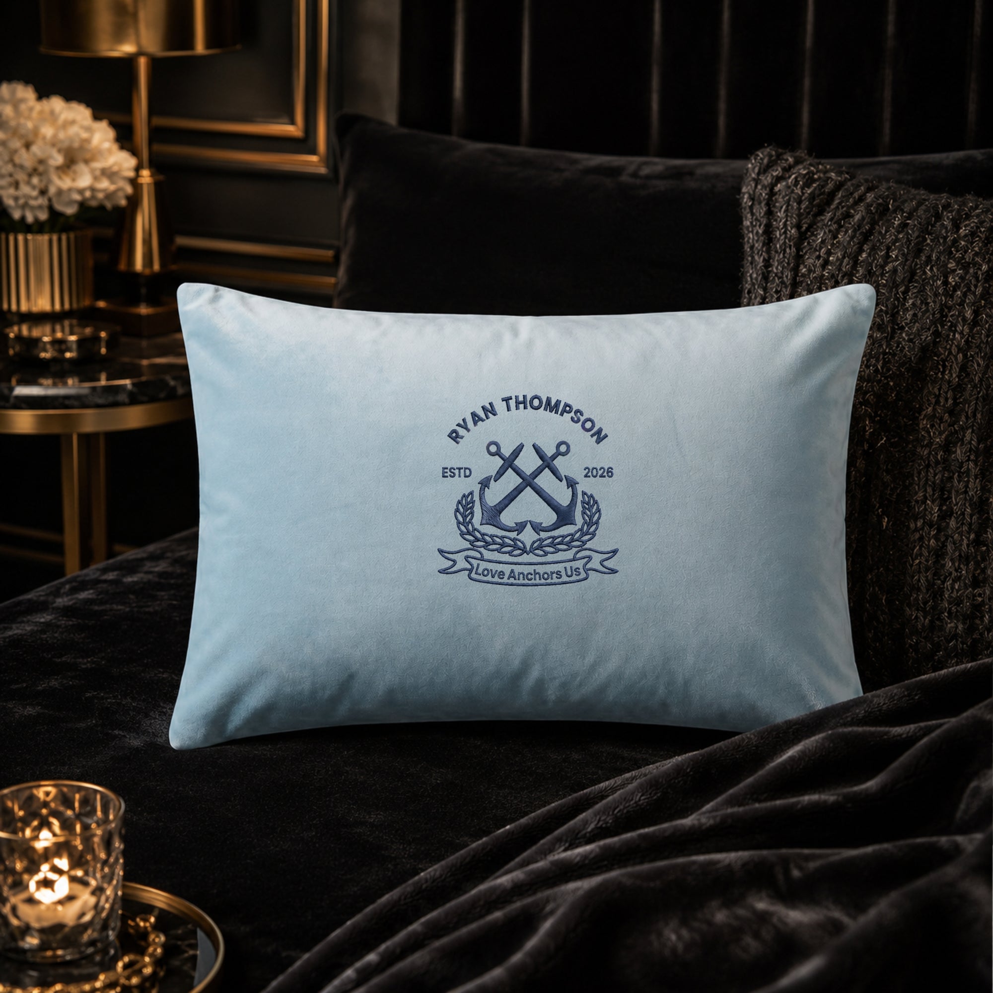 Personalised embroidered velvet lumbar cushion cover pillowcase colour options