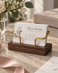 Personalised walnut business card holder with brass stand engraved on the base