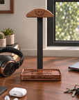 Walnut and metal headphone stand with engraved head monogram and engraved tray base