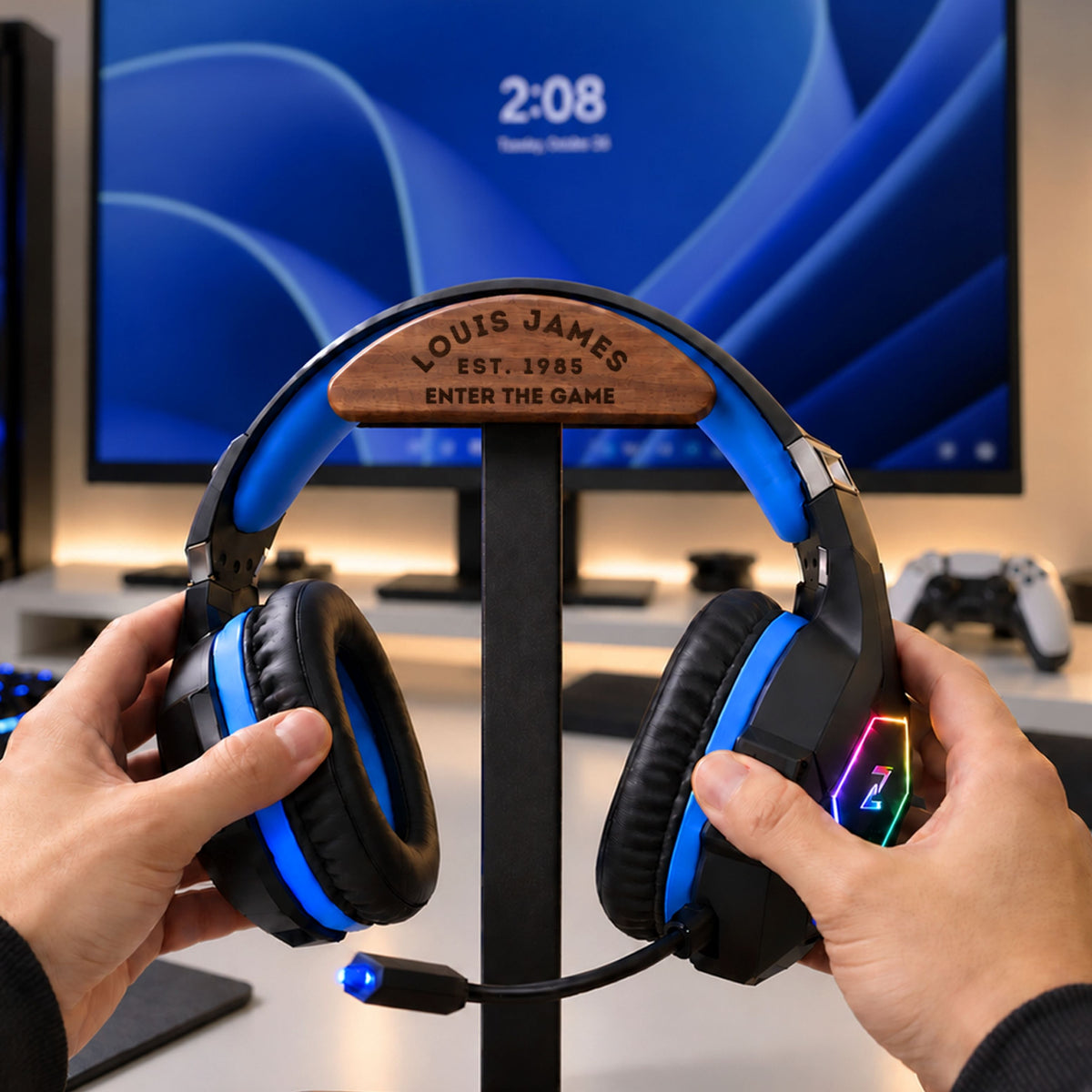 Walnut and metal headphone stand with gaming headset, head engraved with a name and date