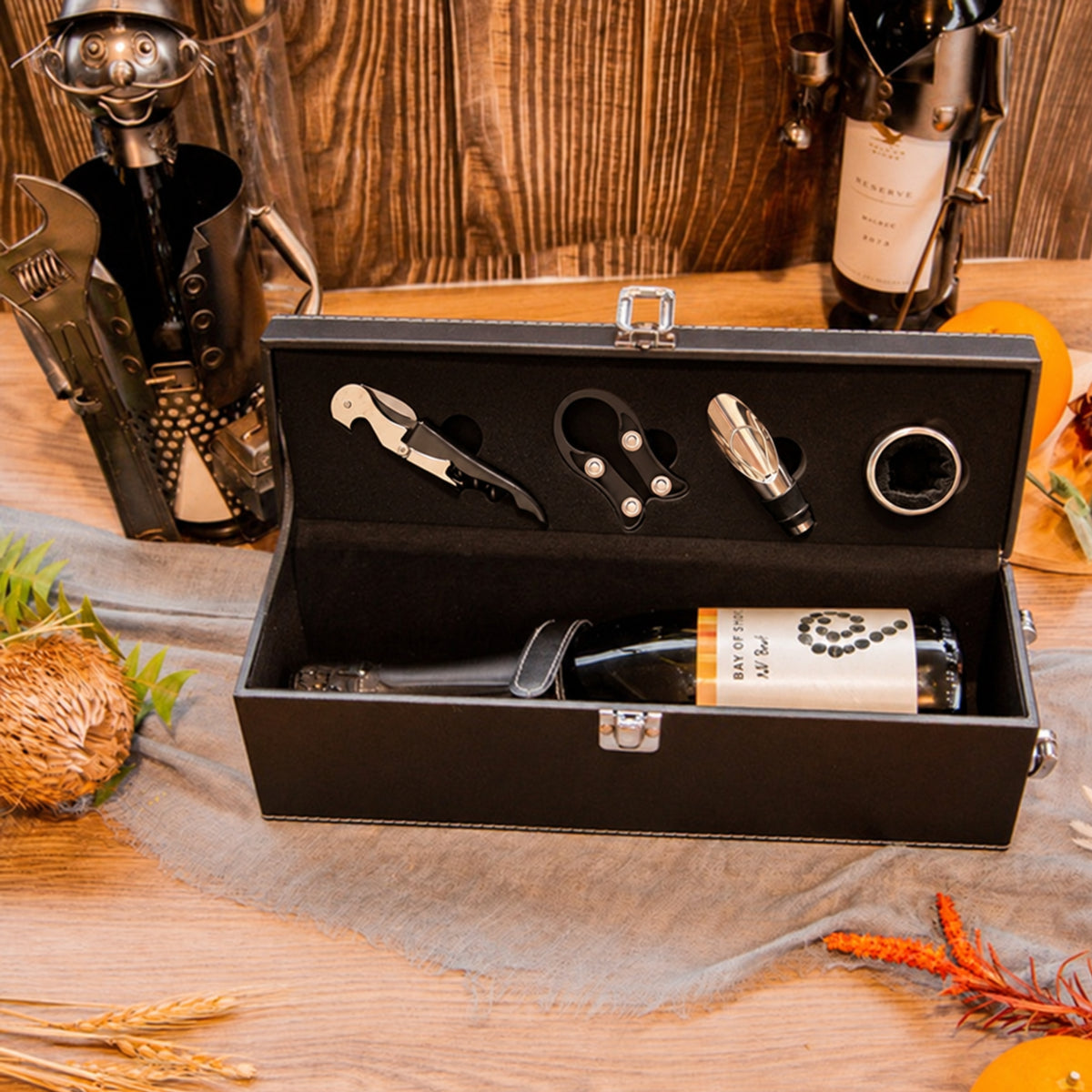 Personalised wine gift box open, showing the leather case and accessories