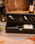 Personalised wine gift box open, showing the leather case and accessories