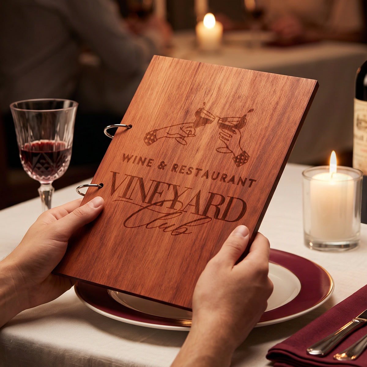 Personalised engraved wooden A4 menu ring binder cover