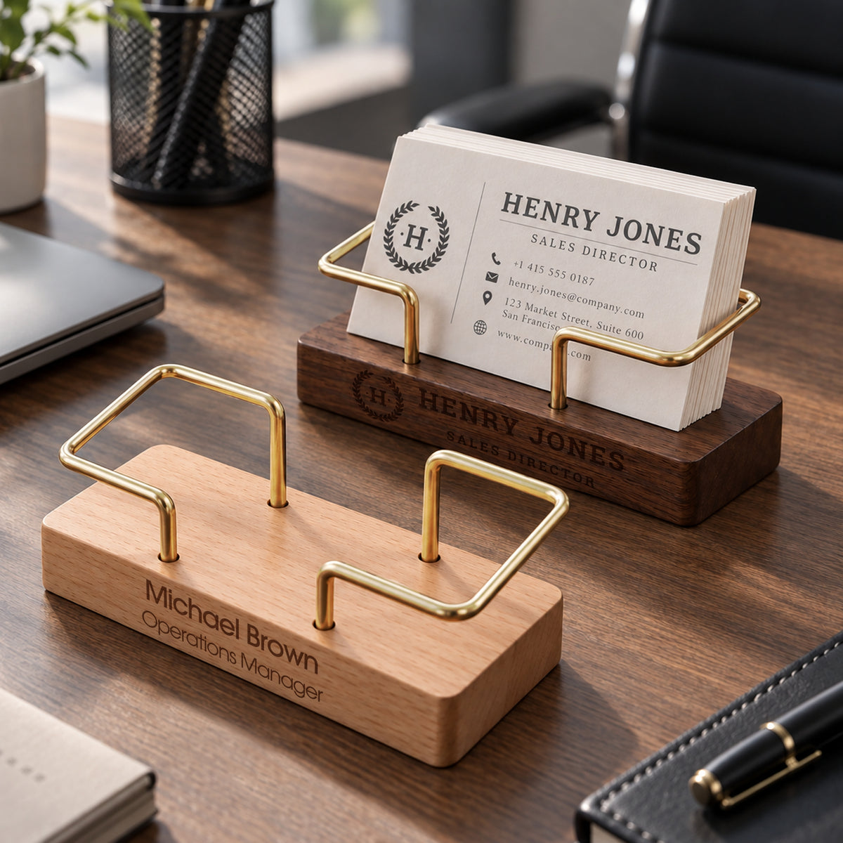 Personalised wooden and brass business card holders in beech and walnut, engraved with names