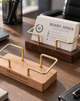 Personalised wooden and brass business card holders in beech and walnut, engraved with names