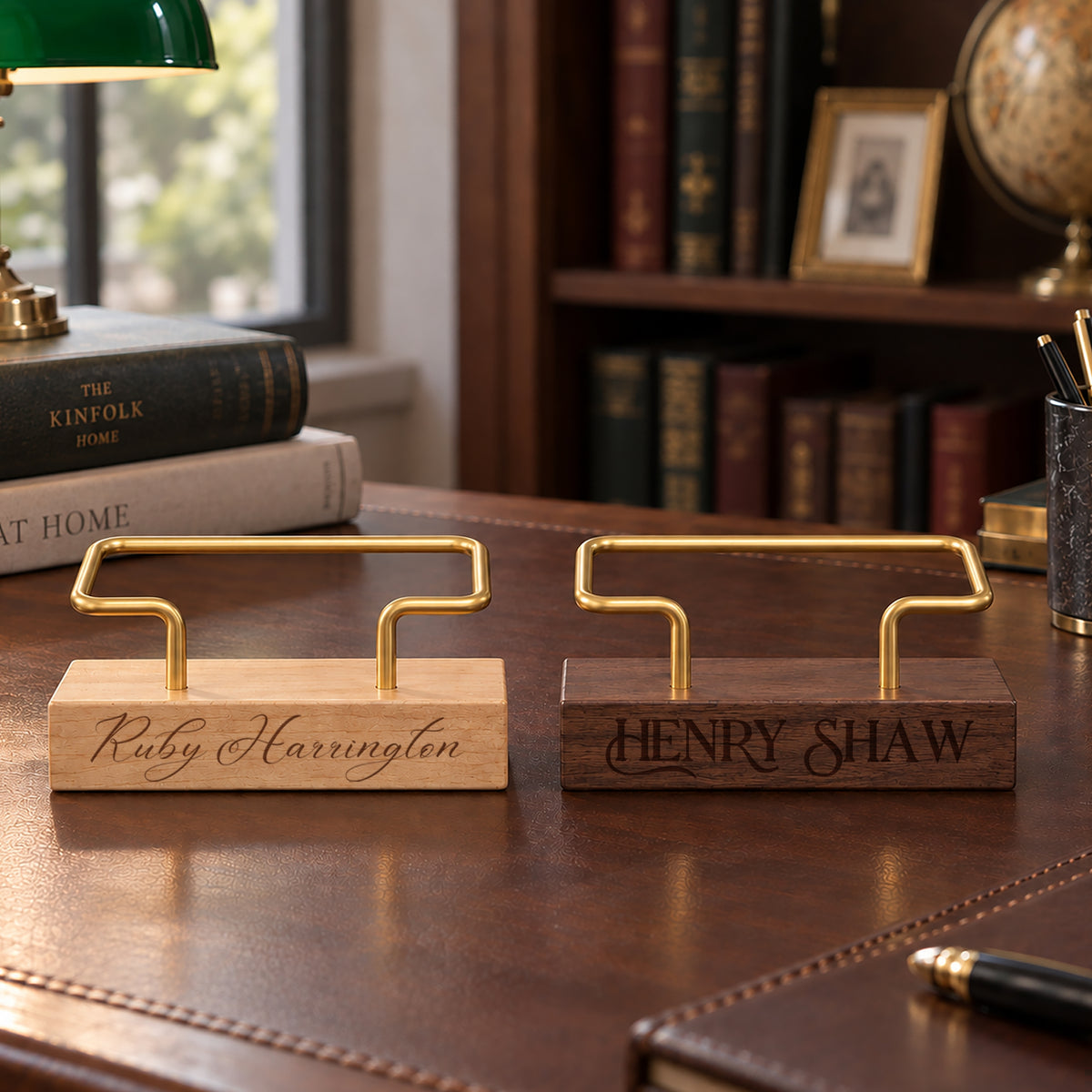 Beech and walnut business card holders with names laser engraved into the base