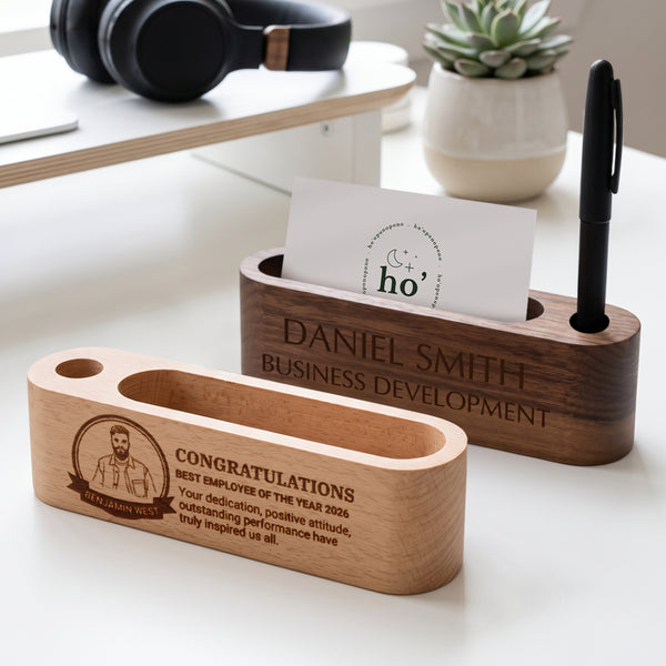 Personalised Engraved Wooden 3-in-1 Desk Name Display with Business Card & Pen Holder