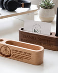 Personalised engraved wooden desk name plate with business card and pen holder