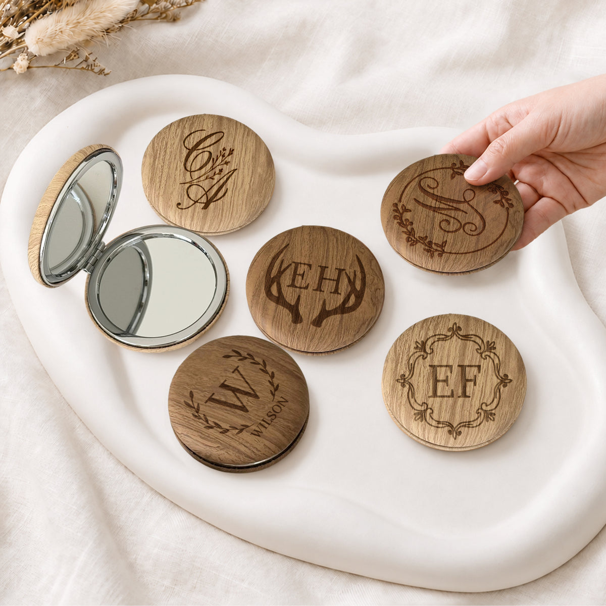 Personalised engraved wooden double-sided pocket mirror