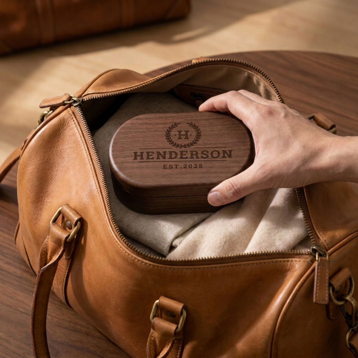 Personalised engraved oval wooden jewellery box with magnetic lid