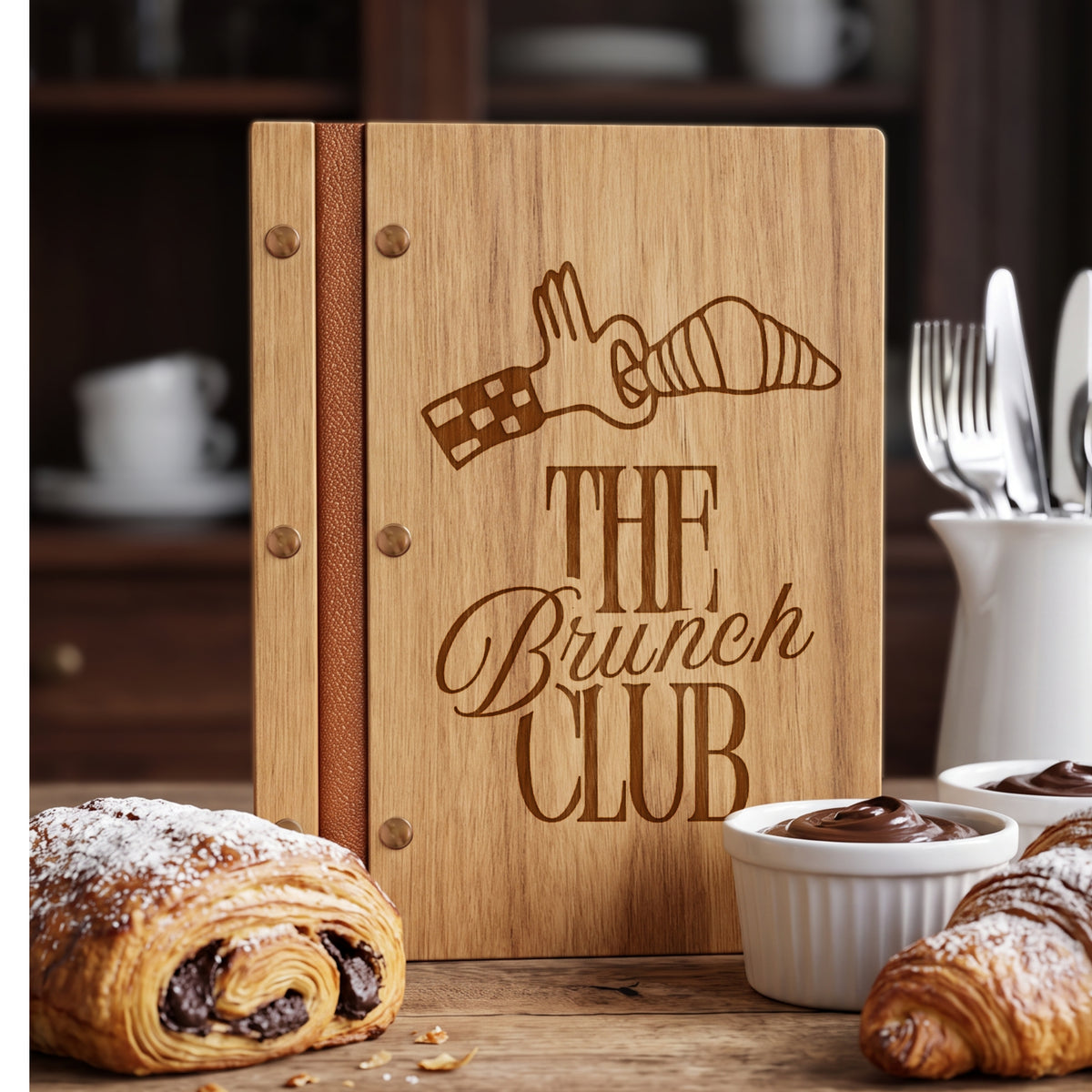Personalised engraved wooden and vegan leather A4 menu binder