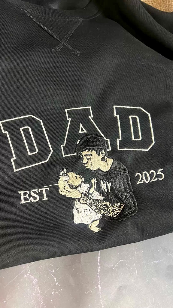 Custom Photo Embroidered Dad Sweatshirt, Personalised Family Portrait Jumper, Oversized Crewneck Name Embroidery, Father's Day, Gift for Him