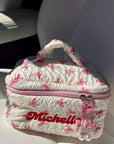 Custom Embroidered Pink Bow Quilted Makeup Bag Set, Personalised Cosmetic Pouch Travel Toiletry Storage, Bridesmaid Destination Wedding Gift