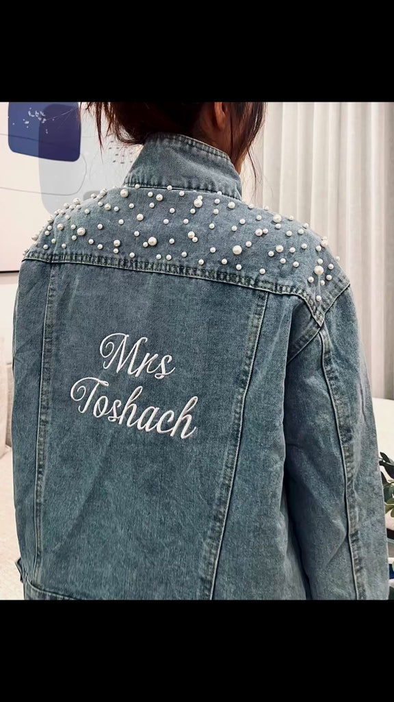 Custom Embroidered Bride Pearl Denim Jacket, Personalised Embroidery Name Date LGBT Wedding Future Mrs Bridesmaid/ Honeymoon Hens Party Gift