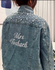 Custom Embroidered Bride Pearl Denim Jacket, Personalised Embroidery Name Date LGBT Wedding Future Mrs Bridesmaid/ Honeymoon Hens Party Gift