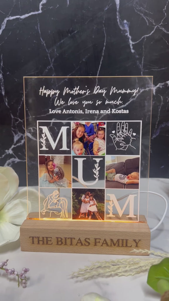 Custom 3D Collage Mom Photos Names LED Night Light, Personalised UV Printed Acrylic Wooden Table Lamp Sign Room Decor, Mum Mother's Day Gift