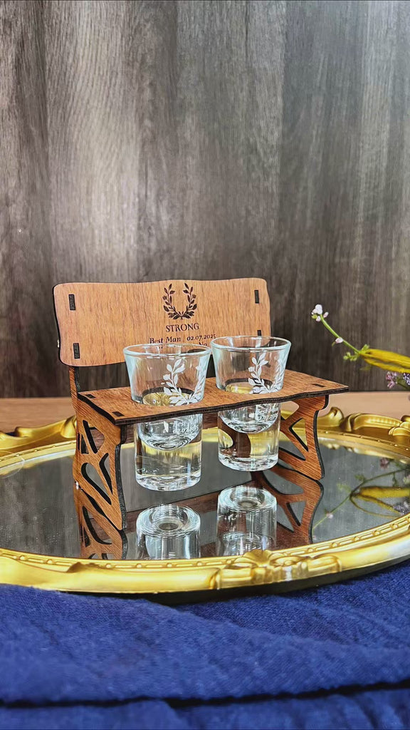 Personalised 2 Crystal Shot Glasses & Custom Engraved Mini Wooden Bench Chair Set, Bridesmaid Groomsman, Couple Wedding, Xmas Corporate Gift