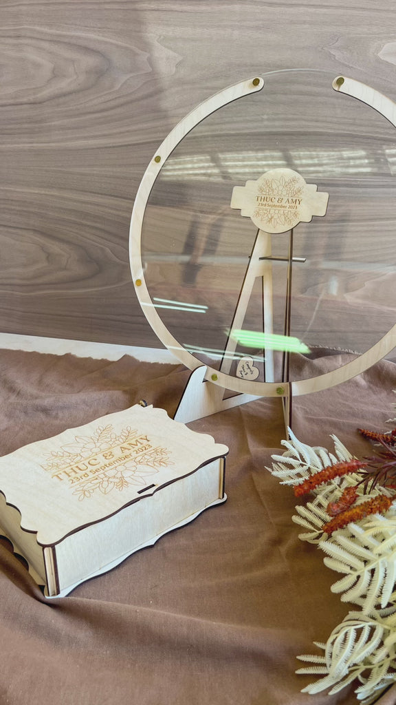 Custom Made Laser Cut Plywood Round Shape Wedding Drop Box, Rustic Personalised Name & Date Guest Book Alternative, Stationery Table Decor