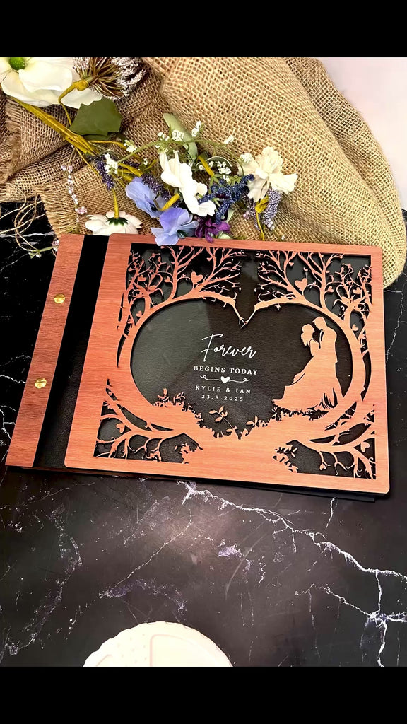 Custom Wooden Laser Cut Cover & Engraved Acrylic Wedding Guest Book, Personalised Traditional Pattern Guestbook Keepsake, Rustic Party Decor