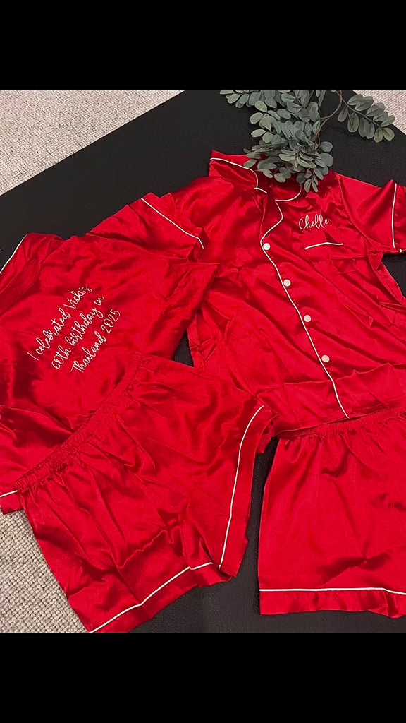 Personalised Embroidered Satin Pyjama Set, Bridesmaid PJs Monogram Sleepwear Satin Shorts, Custom Wedding Pajamas, Mother/ Bridal Party Gift