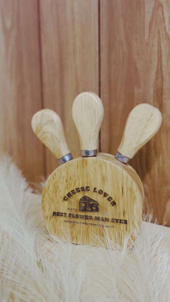Personalised 4 Piece Wooden Cheese Knife Block Set, Engraved Serving Charcuterie Platter, Wedding, Anniversary, Corporate, Housewarming Gift